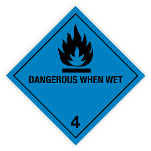 Toon details van 4.3 Stoffen die in contact met water brandbare gassen ontwikkelen met tekst ("Dangerous When Wet")