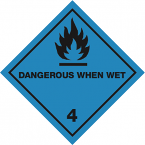 Toon details van 4.3 Stoffen die in contact met water brandbare gassen ontwikkelen met tekst ("Dangerous When Wet")